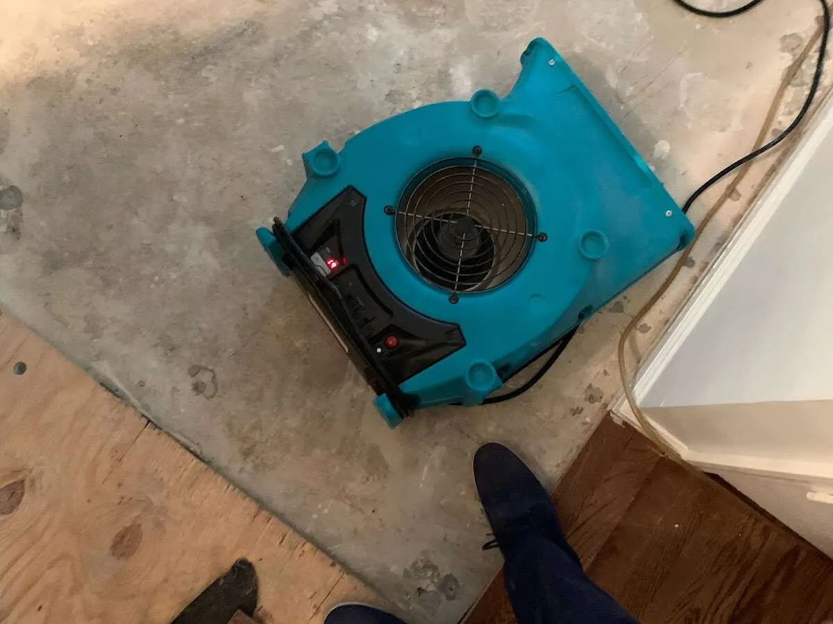 Air mover drying subfloor during Commercial Water Damage Restoration in Bedford
